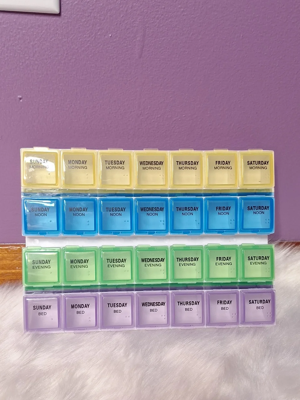 Weekly 28-Slot Pill Organizer - Yellow, Blue, Green, Purple